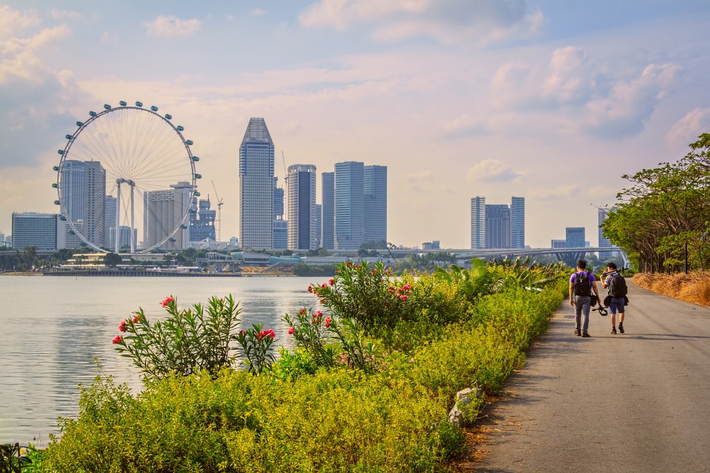 Tourists walking streets of Singapore